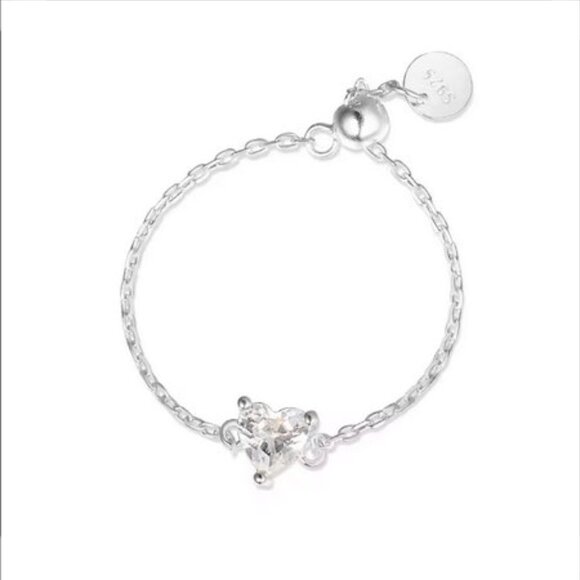 Zircon Heart Link Chain Adjustable Ring. 925 Sterling Silver. #1091 - Picture 4 of 5